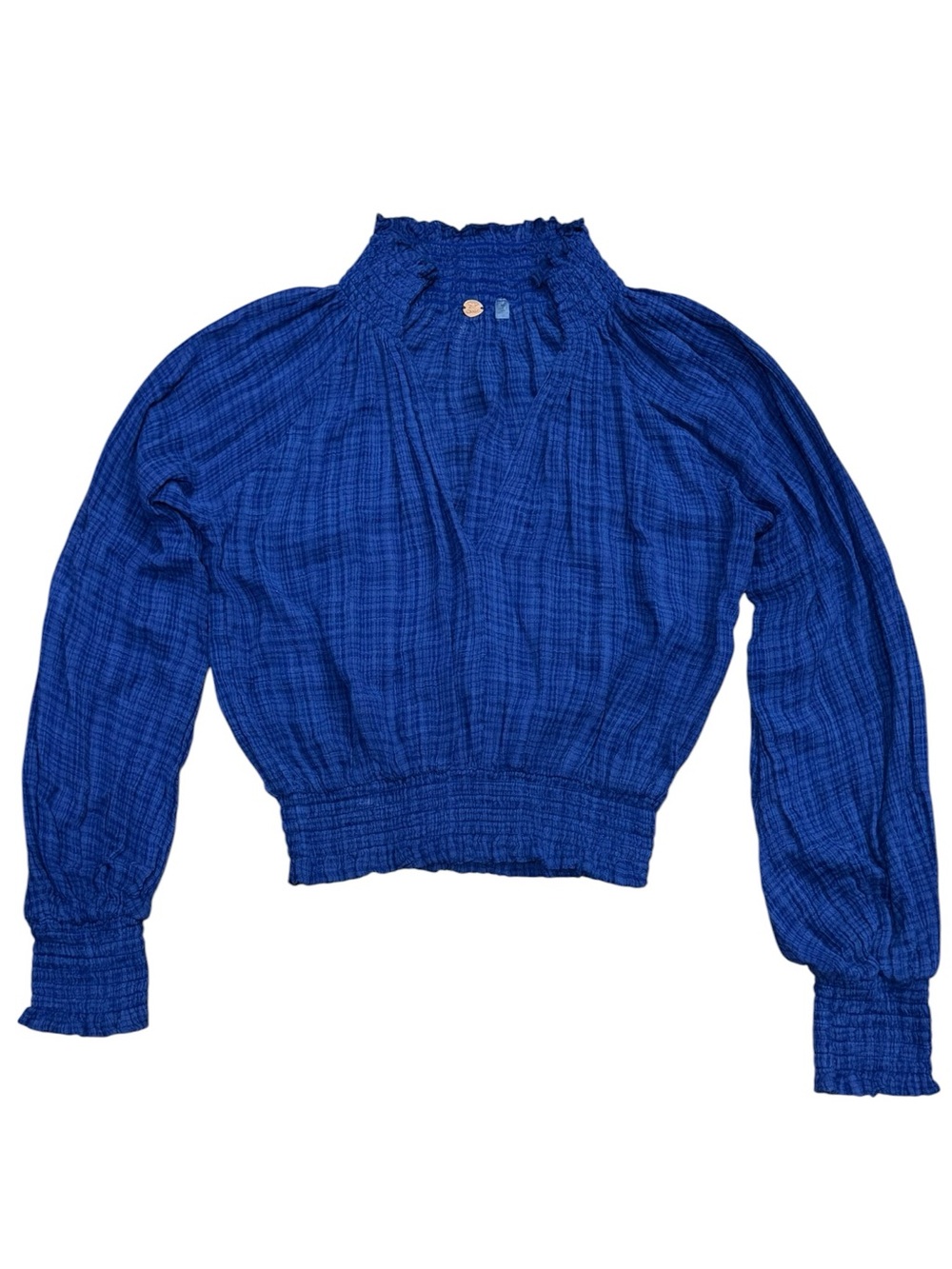 Free People Sz L Blouse Blue Smocked Waist Long Sleeve V-neck Shirt Top Boho